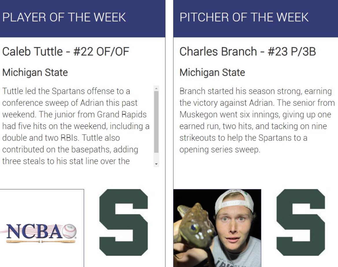 MSUBaseballClub's tweet image. Congrats to Caleb Tuttle and Charlie Branch for Earning National Player and Pitcher of the week! @The_NCBA