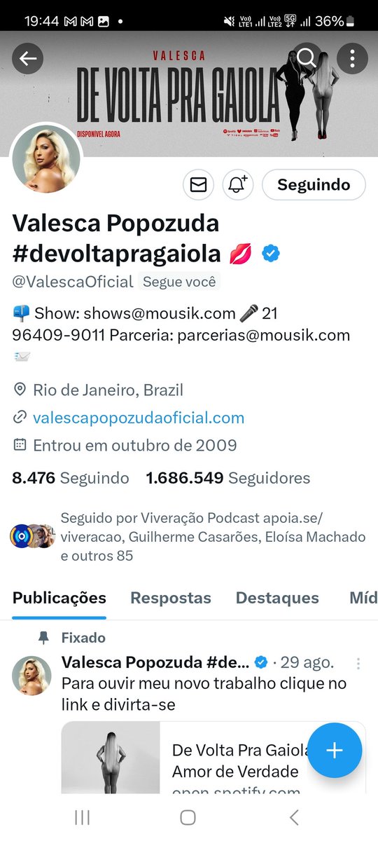 A volta do X só não me incomoda mais pq, pelo menos aqui, eu sou seguido pela maravilhosa <a href="/ValescaOficial/">Valesca Popozuda 💋🔥</a>