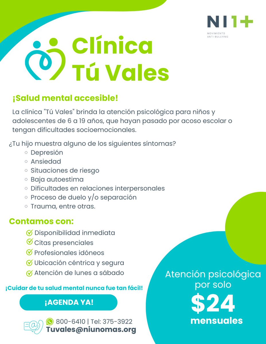 En la Clínica Tú Vales de Ni Uno Más ya atendemos a más de 130 pacientes semanalmente, que están pudiendo recibir atención psicológica a muy bajo costo (solo $24 al mes). Nuestra meta es que la salud mental de los niños y jóvenes sea accesible en Panamá y seguiremos trabajando!