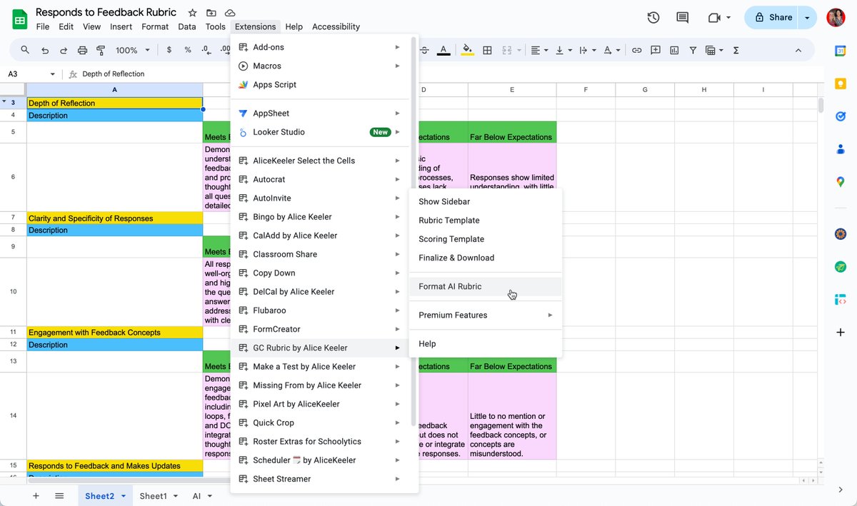 I used AI to create a rubric. However, this is not the very specific formatting needed to put into Google Classroom. 

Use GC Rubric by Alice Keeler to select "Format AI Rubric" to make it ready to import into Google Classroom. 

I will demonstrate this tomorrow, join or watch