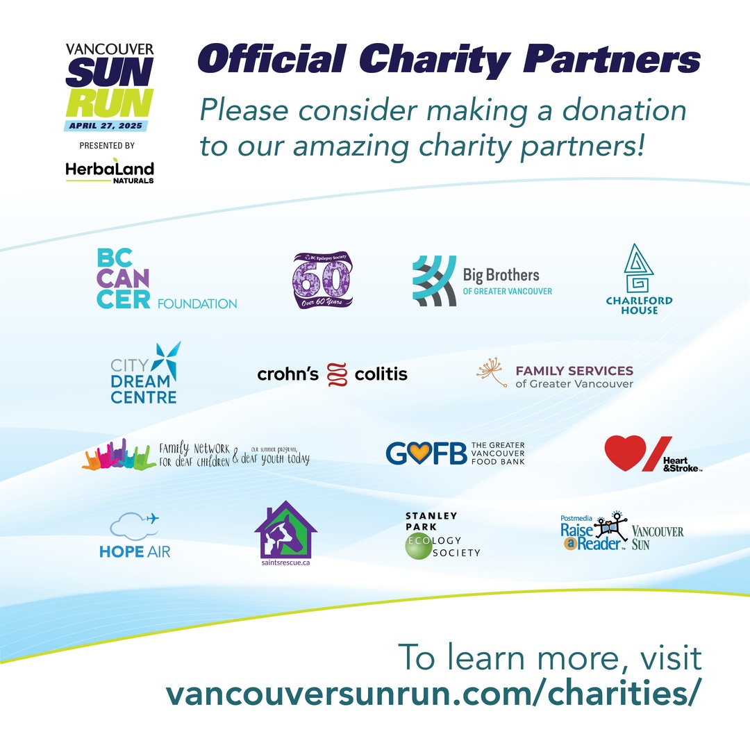 VancouverSunRun's tweet photo. Since 1985, the Vancouver Sun Run is proud to have donated more than $3.3 million in proceeds for important causes! We are honoured to partner with the following charities in our 2025 race. For more information, please visit https://t.co/hZgwmqhzQF https://t.co/GnaqrACkvr