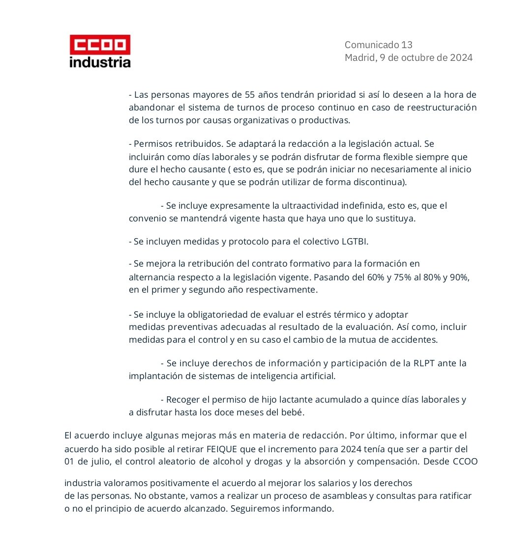 ¡ *Principio de acuerdo*! CCOO y FEIQUE acabamos de alcanzar un principio de acuerdo en la última reunión de la comisión negociadora.