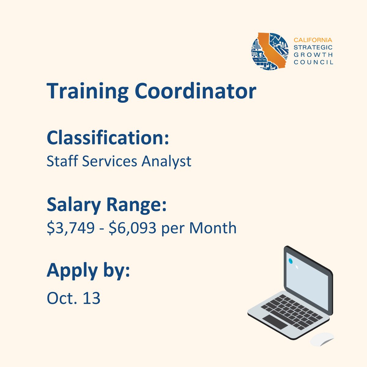 CalSGC's tweet image. 💻 Join our #HumanResource team as a Training Coordinator! 
 
The Training Coordinator performs a variety of analytical tasks for our #HR office that encompass, mandated training, onboarding, employee development, employee recognition, temporary/international employment, and