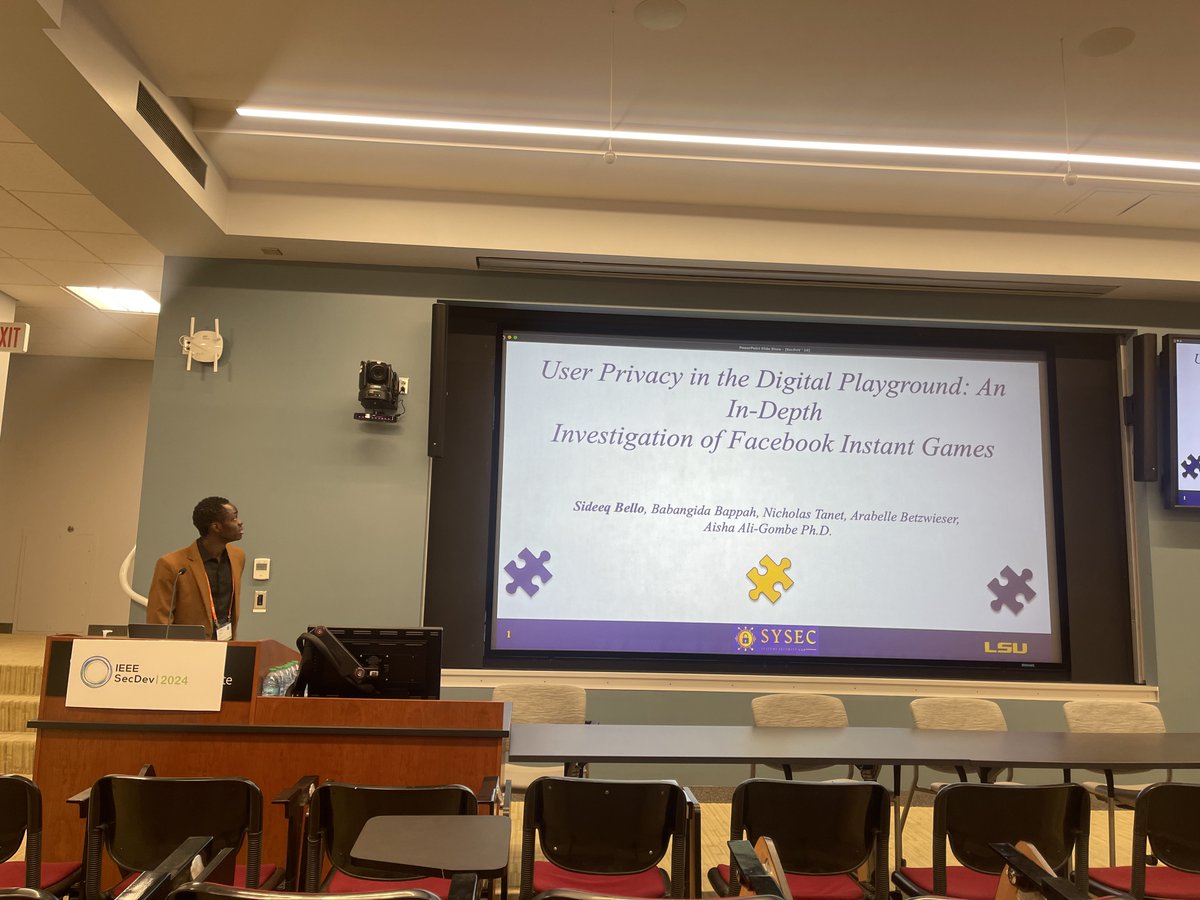 Sideeq Bello is presenting their work on an in-depth investigation of Facebook instant games at #IEEESecDev 2024. The paper received the distinguished paper award! Well done! 👏👏👏