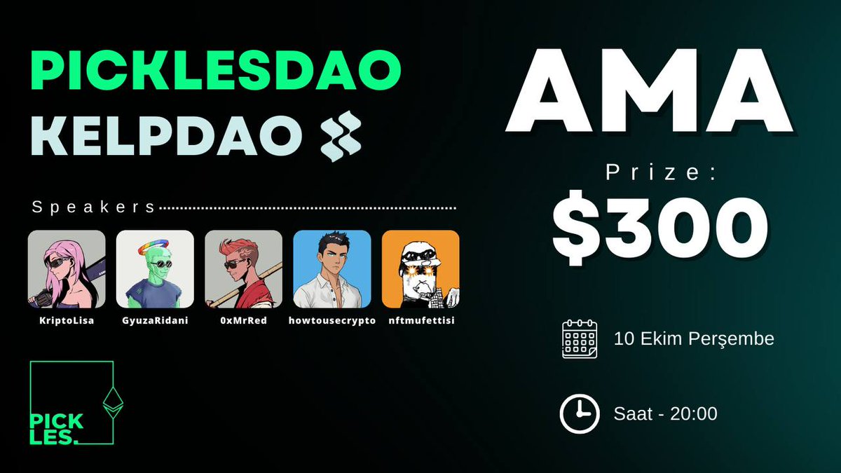 Pickles DAO x KELP DAO 300 $ Ödüllü AMA

Herkese selam dostlar

Türkiye'de KelpDAO'ya olan ilginin farkındayız ve bir çoğunuzun kafasında soru işaretleri var. Bu yüzden <a href="/KelpDAO/">Kelp</a> ile Perşembe günü saat 20.00'de 300 $ ödüllü bir AMA yapacağız.

Bu gönderinin altına sorularınızı