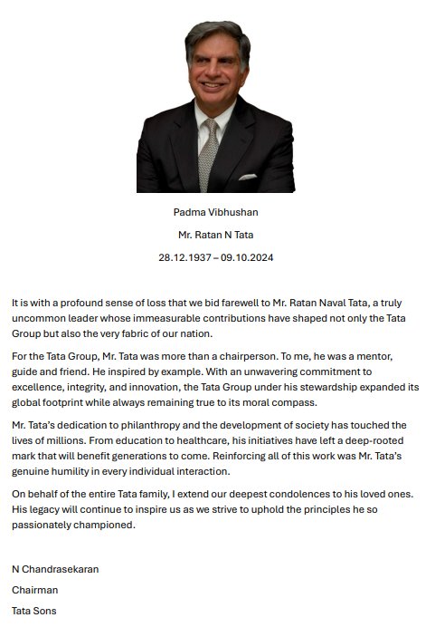 Aryans8825's tweet photo. @anandmahindra Today the eyes of the nation became moist and the heart was filled with immense pain of sorrow 💔
Ratan Tata ji, who brought industrial revolution in India is no more among us 😭 https://t.co/hGwvDPdO79