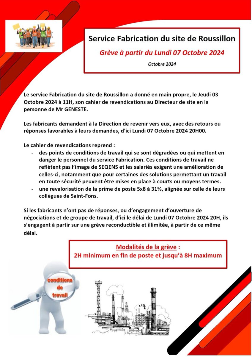 SEQENS site de roussillon en grève reconductible depuis lundi 7 octobre, pour des conditions de travail et des salaires digne vive la lutte des travailleurs ✊