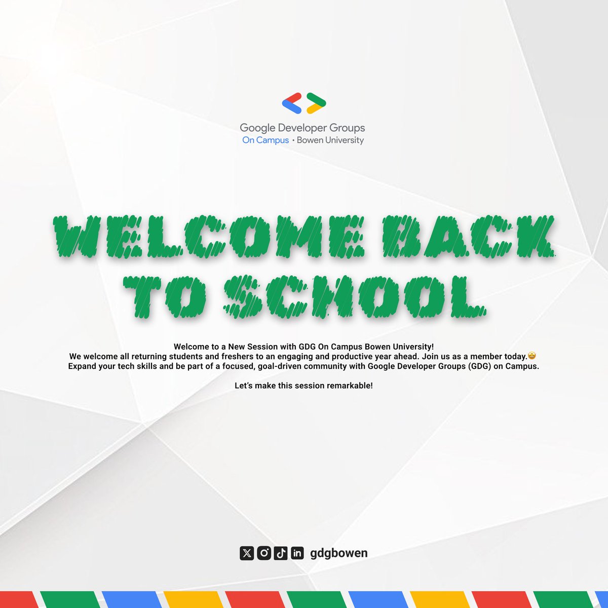 gdgoc_bowen's tweet image. New session, new beginnings! The GDG on campus Bowen Community welcomes you back to a semester of limitless possibilities. Let's innovate, create, and make impact!
#GDGoncampusbowenwelcomesback
#googledevelopergroup
#BowenUniversity