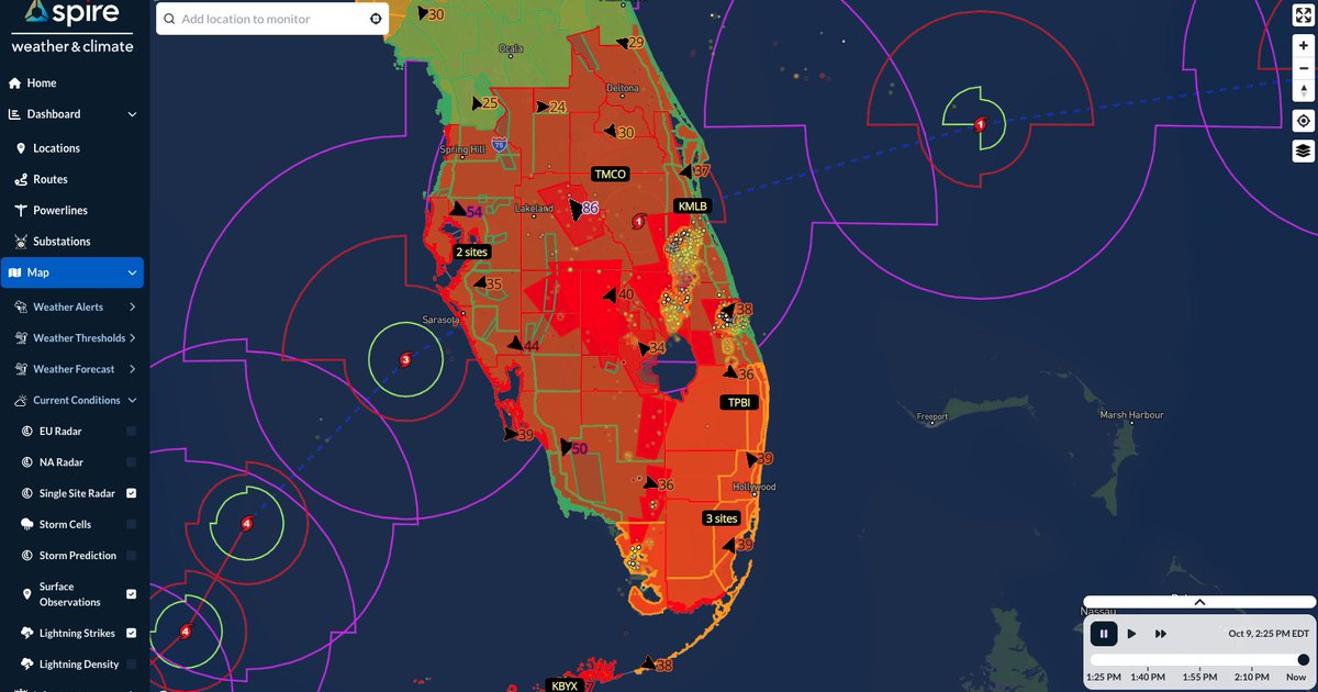 SpireWxClimate's tweet photo. Hurricane #Milton is a Cat 4 with max sustained winds of 130 mph and a growing wind field.

⚠️ 10 tornado reports from Lee, Martin, Okeechobee, Highlands &  St. Lucie counties. Several tornado warnings remain in effect.

Conditions will worsen this afternoon, and now is the time to stay sheltered, away from windows. Be sure to have a means to receive all warnings.

#FLwx #HurricaneMilton