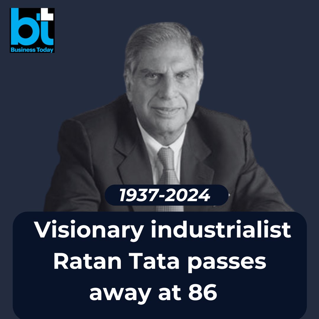business_today's tweet photo. Ratan Tata passes away: A giant departs, India left in grief

#RatanTata, the Chairman Emeritus of #TataSons, has passed away, leaving an indelible mark on India and the global business landscape. The demise of the visionary industrialist, who passed away on Wednesday night at the age of 86, has sent shockwaves through a nation that revered him. 

At 86, Tata’s storied legacy transformed the Tata Group from a respected Indian conglomerate into a global powerhouse, forever changing the landscape of Indian industry.

Read more: https://t.co/HhWETocepG