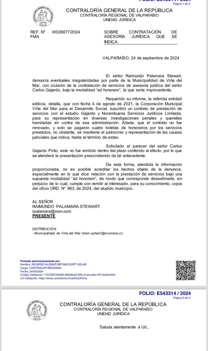 Oficio en que Contraloría desestima la denuncia de un señor Palamara en mi contra, pero un medio falsamente publica que la acoge. Y una serie de bots replican la información. 
A algunos les duele mucho haberles demostrado cómo cocinaron las investigaciones políticas.