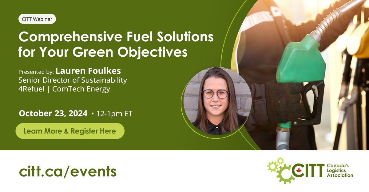 FREE WEBINAR: Lauren Foulkes, Senior Director of Sustainability at <a href="/4Refuel/">4Refuel</a>, will provide an overview of the lifecycle emissions reductions that these fuels are capable of. Register at citt.ca/events #Sustainable #Fuel #CITT #4Refuel #Webinar