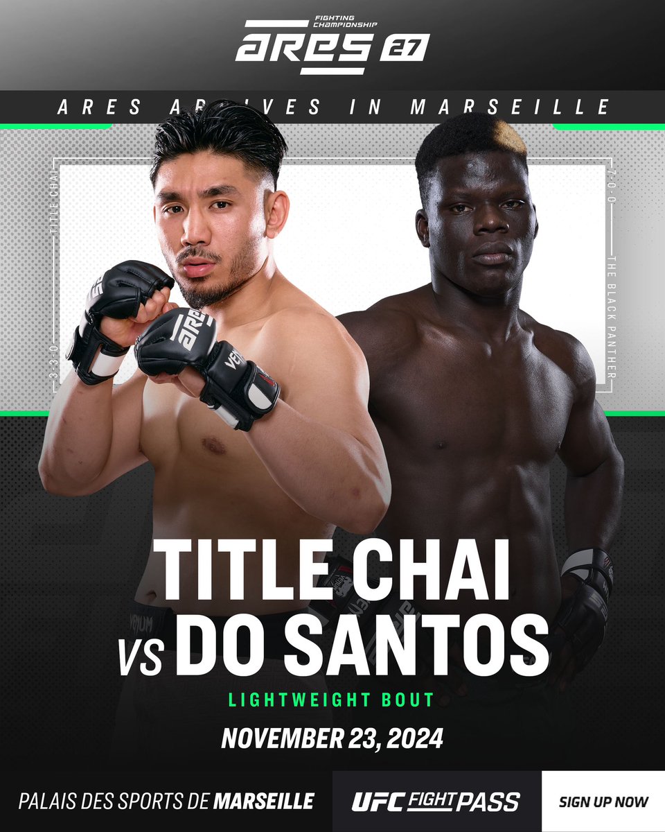 You'll want to grab your popcorn for this one 🍿

Title Chai 🆚 Jean Do Santos on November 23 for #ARES27. 🔥

[📲 Réservez vos billets pour nos événements | liinks.co/ares.fighting]