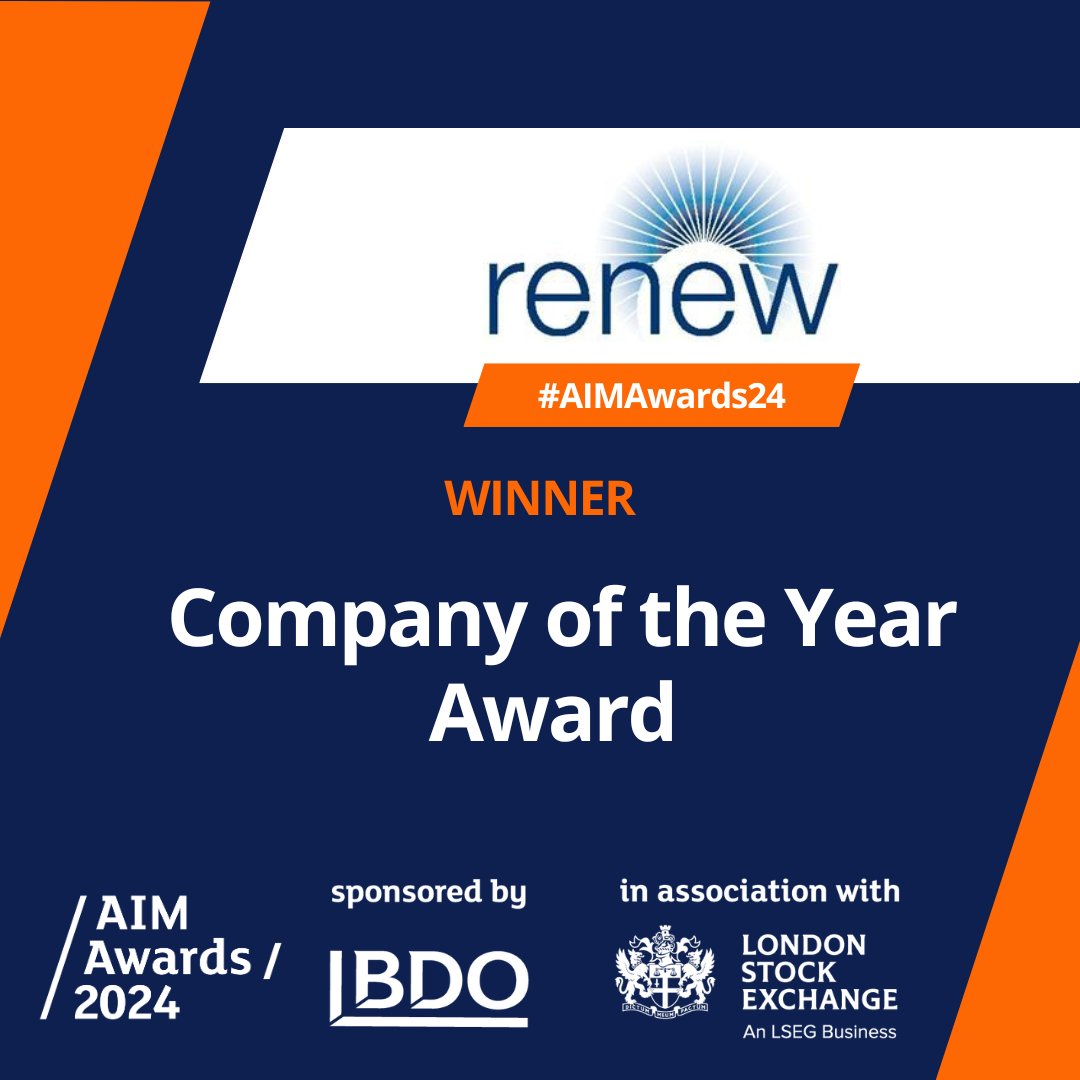 AIM Awards 2025 (@aim_awards) on Twitter photo Its the big one... The Coveted Company of the Year Award, sponsored by <a href="/WHIrelandCB/">WH Ireland Capital Markets</a>, goes to.. Renew Holdings plc. Huge congratulations to the entire team on this fantastic achievement #winner #AIMAwards24 Its the big one... The Coveted Company of the Year Award, sponsored by <a href="/WHIrelandCB/">WH Ireland Capital Markets</a>, goes to.. Renew Holdings plc. Huge congratulations to the entire team on this fantastic achievement #winner #AIMAwards24