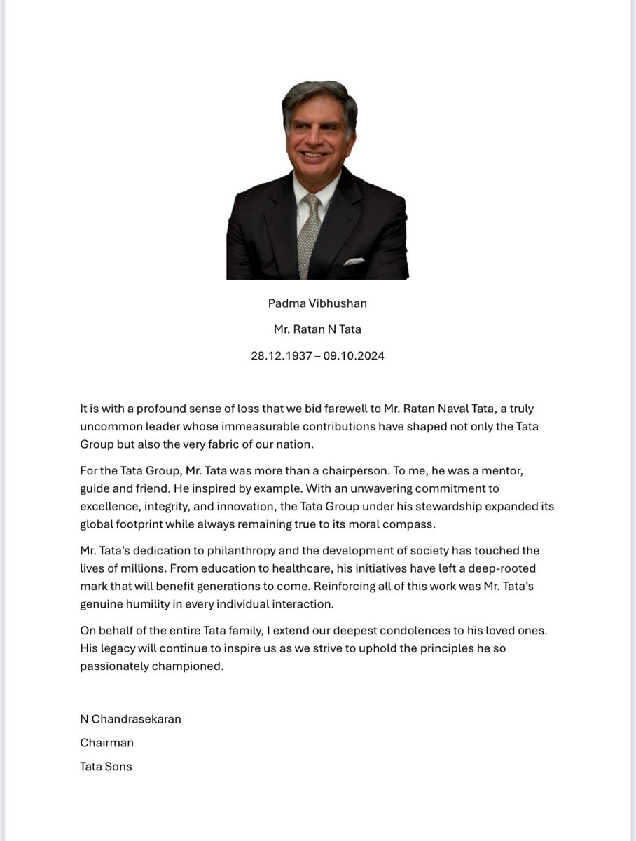 Deeply saddened by the passing of Mr. Ratan N. Tata. His visionary leadership inspired millions. Grateful to the Tata Group for giving me my first job, shaping who I am today. His legacy will forever live on.

#RIPRatanTata #Gratitude #Legacy