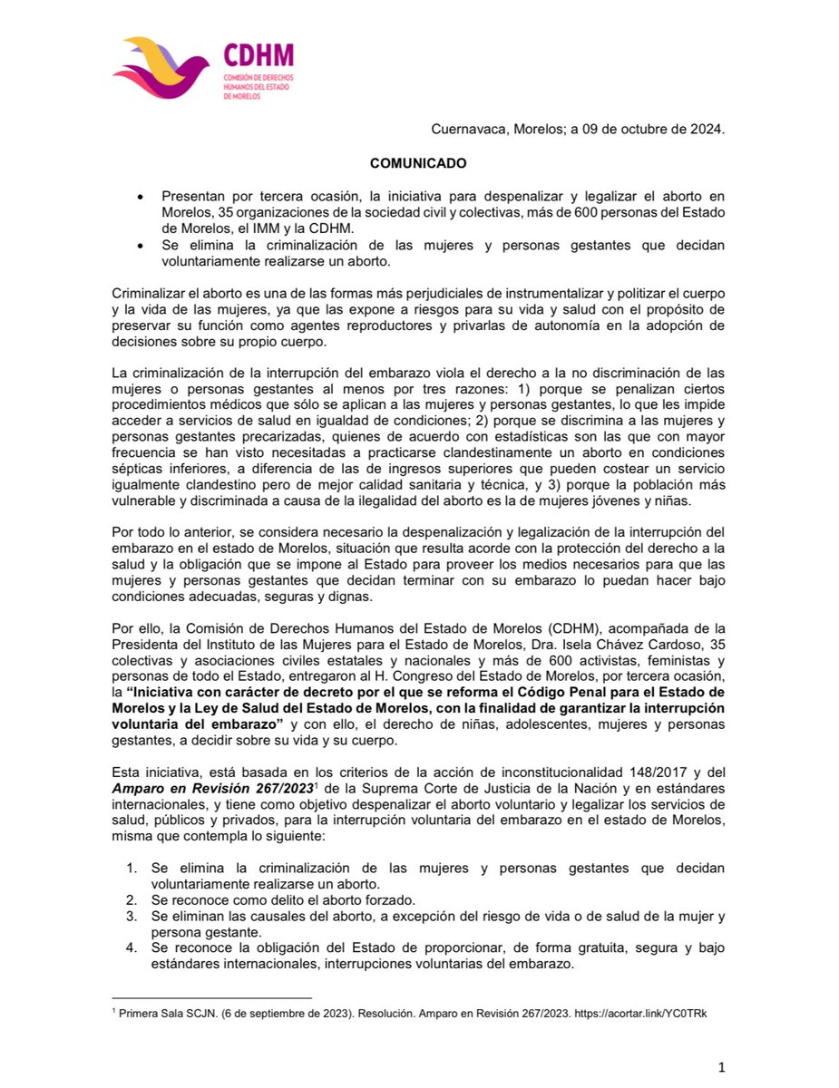 cdhmorelos's tweet photo. #COMUNICADO 

• Presentan por tercera ocasión, la iniciativa para despenalizar y legalizar el aborto en
Morelos, 35 organizaciones de la sociedad civil y colectivas, más de 600 personas del Estado
de Morelos, el IMM y la CDHM.
• Se elimina la criminalización de las mujeres y personas gestantes que decidan
voluntariamente realizarse un aborto.

Consulta la Iniciativa completa 👉 https://t.co/hXCqpqKavX