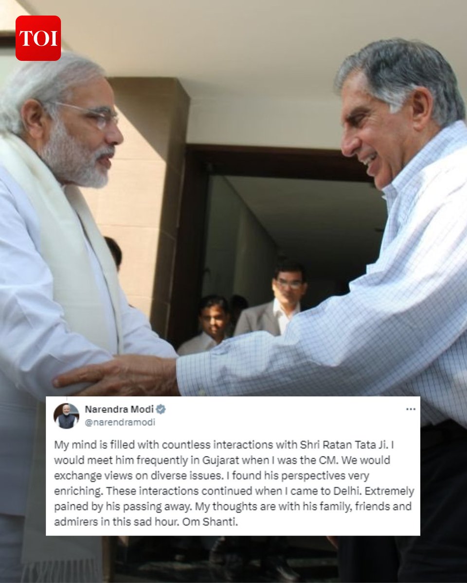 timesofindia's tweet photo. Padma Vibhushan industrialist #RatanTata dies at 86; PM Modi expresses condolences, 'extremely pained by his passing away'

https://t.co/yZQxR5opX1 https://t.co/K0GPhFj1CD