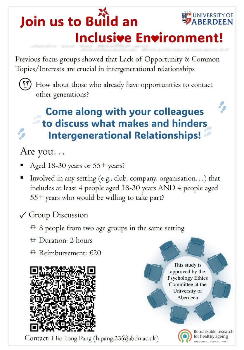 📢 UK-based Study 🇬🇧
Are you aged 18-30 or 55+ and work with at least 4 people in both age groups? If so, we’d love for you to join our study! 🙌 Scan the QR code or click the link below for more info.

forms.gle/rP8Rc13Ge8eJ9R…

#ResearchStudy
#IntergenerationalRelationships