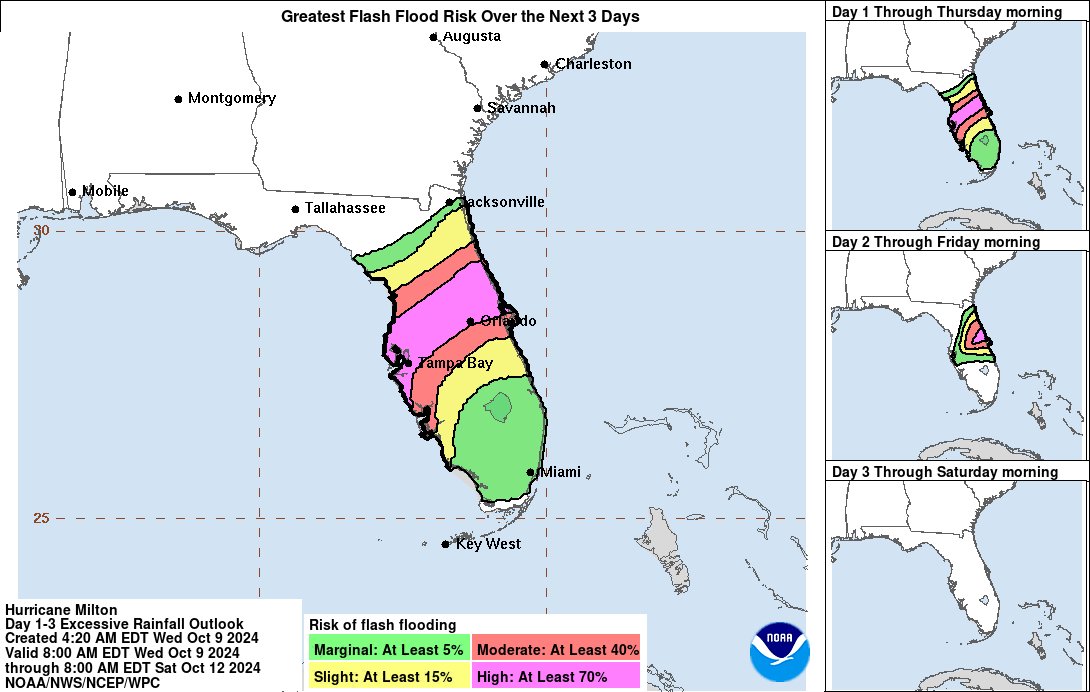 Map of the flooding risk in Florida with a High Risk - generally along and north of the I-4 corridor that includes Tampa Bay and Orlanda.