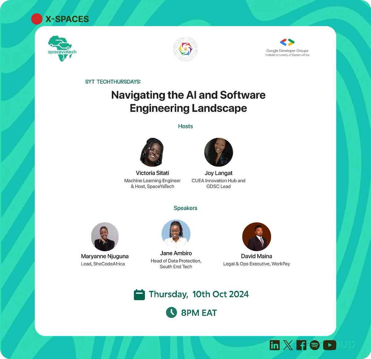 Mark your calenders!!

 This Thursday we'll have a conversation with @VictoriaSitati,  Jo@NjugunaMs1, @OmbiroJane , and <a href="/davemaina254/">mainalegal</a> on navigating the legal issues in artificial intelligence and software development

🗓 Thursday, 10th October
⏰8pm -10 pm EAT
📍X spaces