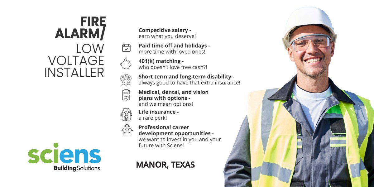 SciensSciens's tweet photo. Our Austin-area install team is hiring!
Apply here: https://t.co/ftGbVCIsXU
#scienscareers #sciensproud #installationJobs #firealarmlowvoltageinstaller #AustinJobs #ManorJobs #firelifesafetyjobs #NowHiring https://t.co/XNfzWszgQ5