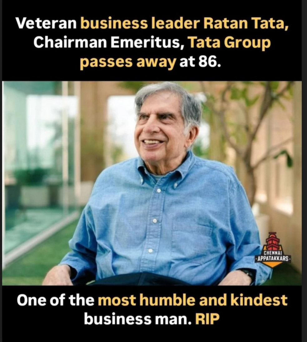 DeepuSINDIAN's tweet photo. #RatanTata Dies at 86: Ratan Naval Tata, noted industrialist, philanthropist, and former Chairman of Tata Sons breathed his last on Thursday at Breach Candy Hospital in Mumbai. RIP Sir https://t.co/gogAOfHvkc