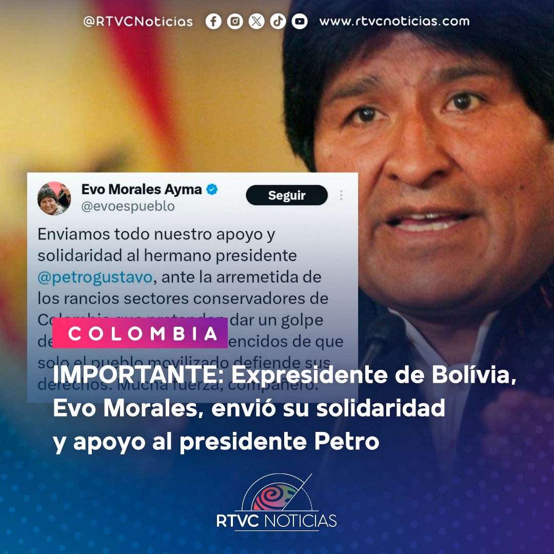 RTVCnoticias's tweet photo. 🇧🇴🤝"Enviamos todo nuestro apoyo y solidaridad al hermano presidente Gustavo Petro", por medio de sus redes sociales, Evo Morales, expresidente de Bolívia, rechaza las acusaciones del CNE en contra del mandatario colombiano.

Más información acá▶️ https://t.co/15axh471uE https://t.co/79QjUYeaol