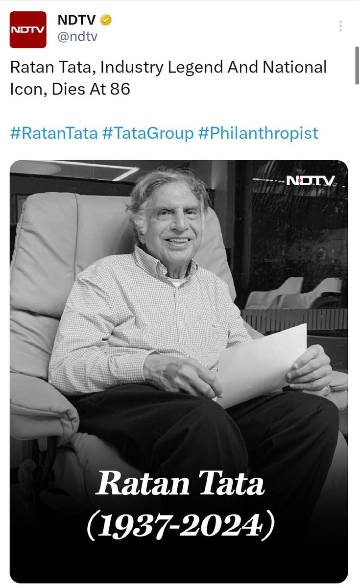 imabdullah29's tweet photo. It's a Heartbroken to hear about the passing of Ratan Tata Sir.  A true legend who will be deeply missed. 🙏 #RatanTata .......R.I.P...🙏😭 https://t.co/dlRXYigCXh