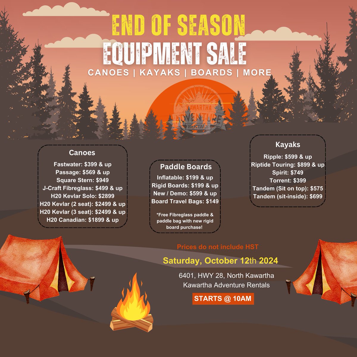 KawarthaSurf's tweet photo. Our annual end of season equipment sale is this Saturday October 12th at 10am. We will have a selection of lightweight Kevlar canoes as well as fibreglass and plastic canoe options, kayaks, standup paddleboards &amp; more. #canoe #kawarthahighlands #canoesale https://t.co/UGkRGKohrk