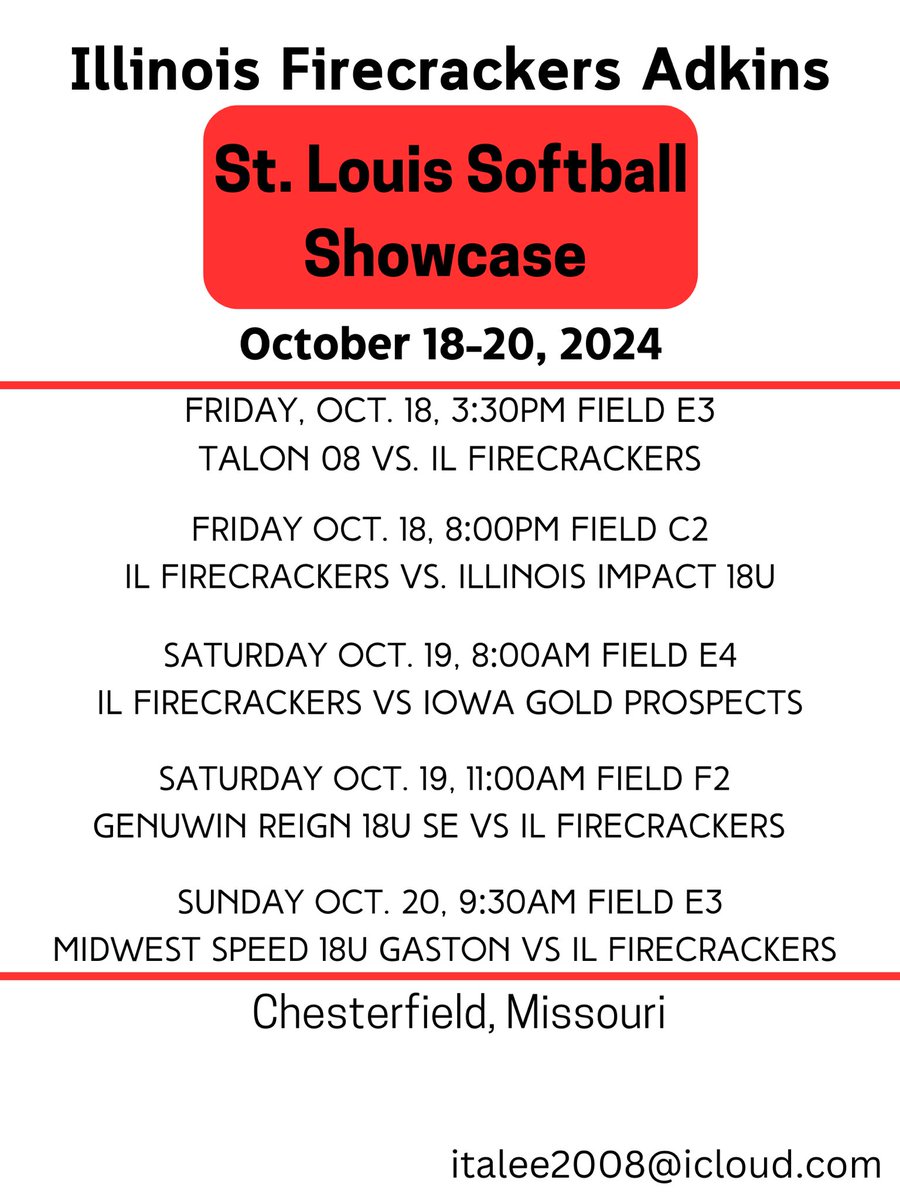 Italee Ford (@italeeford2026) on Twitter photo Upcoming October tournament!! So excited for more fall ball!! 🧨<a href="/chelseyUMSL/">@chelseymulligan</a> <a href="/CoachFerrill/">Ron Ferrill</a> <a href="/CoachConnoyer/">Christy Connoyer</a> <a href="/CoachRedburn/">Mark Redburn</a> <a href="/coachferrell15/">Ben Ferrell</a> <a href="/Softball_ONU/">Olivet Nazarene Softball</a> <a href="/kunkle18/">Sue Kunkle</a> <a href="/AmyLTudor/">Amy Tudor</a> <a href="/IL_Firecrackers/">Illinois Firecrackers 18U Adkins</a> Upcoming October tournament!! So excited for more fall ball!! 🧨<a href="/chelseyUMSL/">@chelseymulligan</a> <a href="/CoachFerrill/">Ron Ferrill</a> <a href="/CoachConnoyer/">Christy Connoyer</a> <a href="/CoachRedburn/">Mark Redburn</a> <a href="/coachferrell15/">Ben Ferrell</a> <a href="/Softball_ONU/">Olivet Nazarene Softball</a> <a href="/kunkle18/">Sue Kunkle</a> <a href="/AmyLTudor/">Amy Tudor</a> <a href="/IL_Firecrackers/">Illinois Firecrackers 18U Adkins</a>