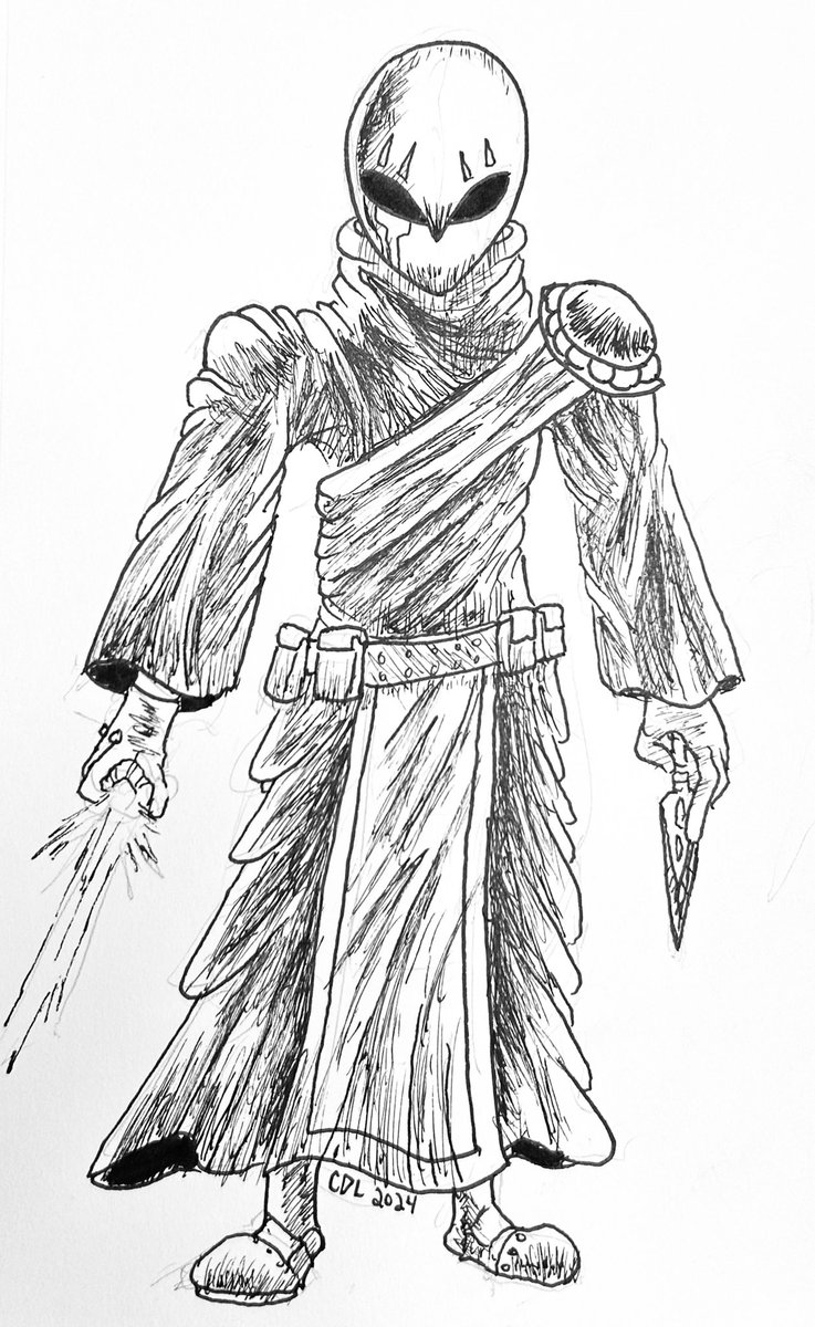 OracleObvious's tweet image. I’m trying to design characters for a sci fi horror game. One of them is a masked assassin who uses various kinds of blades.

I’m not entirely satisfied with this design, but I decided to finish the sketch anyway.