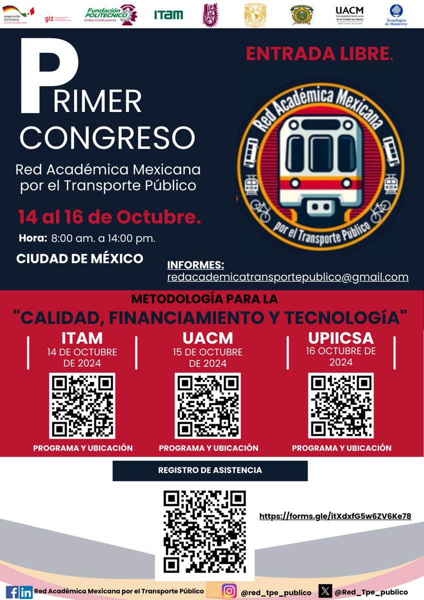 FunPoliAC's tweet image. 1° Congreso de la Red Académica Mexicana por el transporte Público. Espacio abierto al conocimiento y la innovación en transporte público🔗 Regístrate aquí: forms.gle/itXdxfG5w6ZV6K……¡Transformemos juntos la movilidad! #MovilidadSostenible #RAMTP #UnidosConstruyamos