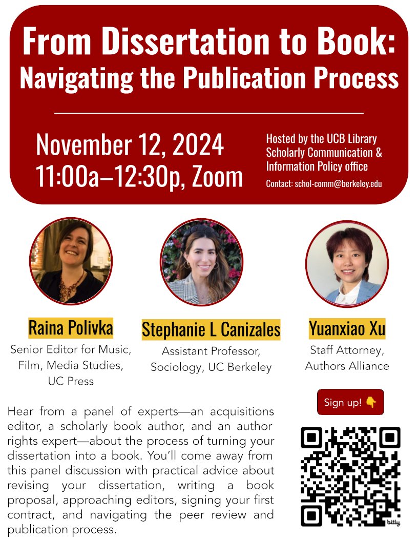 UC Berkeley Scholarly Comm & Information Policy (@ucb_scholcomm) on Twitter photo RSVP now for our upcoming panel discussion on how to publish a scholarly book. Hear on-the-ground advice from a UC Press editor, recent Berkeley author, and legal expert. Sign up: berkeley.zoom.us/meeting/regist⦠<a href="/UCBerkeleyLib/">UC Berkeley Library</a> <a href="/ucpress/">University of California Press (is on Bluesky)</a> <a href="/UCBerkeley/">UC Berkeley</a> @Auths_Alliance RSVP now for our upcoming panel discussion on how to publish a scholarly book. Hear on-the-ground advice from a UC Press editor, recent Berkeley author, and legal expert. Sign up: berkeley.zoom.us/meeting/regist⦠<a href="/UCBerkeleyLib/">UC Berkeley Library</a> <a href="/ucpress/">University of California Press (is on Bluesky)</a> <a href="/UCBerkeley/">UC Berkeley</a> @Auths_Alliance