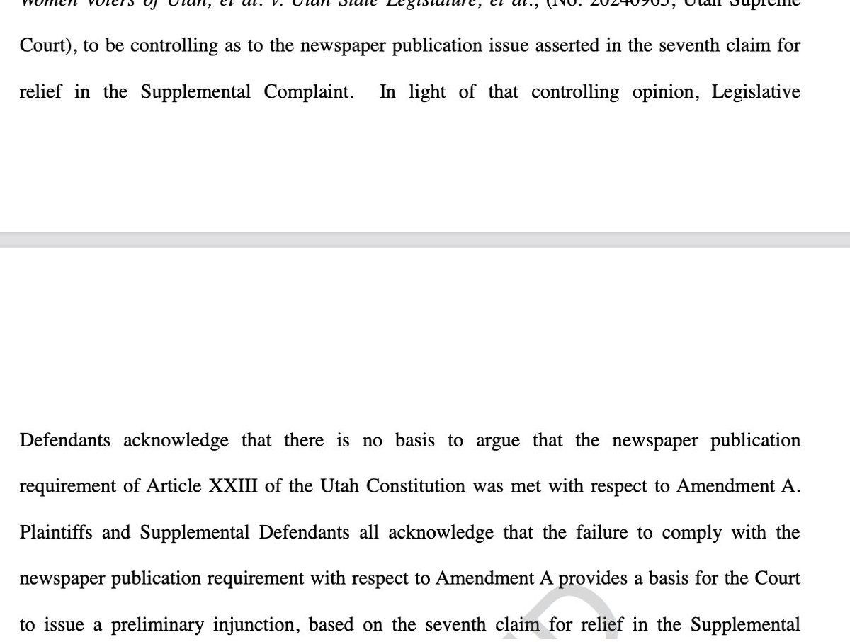 saige_miller's tweet photo. BREAKING: Attorneys with the Utah Legislature filed a proposed brief asking a district court judge to void Amendment A from the Nov. ballot.
The state conceded they did not follow publication requirements and votes toward it should not be counted.
Judge still needs to sign. https://t.co/Xxs07I7PWn
