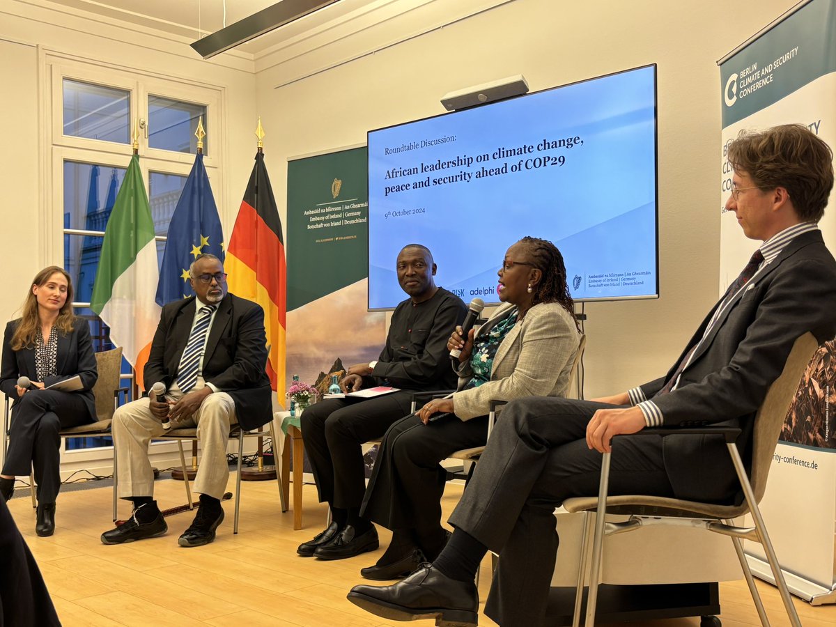 irlembberlin's tweet photo. A pleasure to co-host #BCSC2024 side event on African Leadership on Climate Change, Peace &amp; Security ahead of #COP29
 
Insightful interventions by @MAWareSO, Lt. Col. Sheku Tejan Sesay, Dr. Janet Kabeberi-Macharia &amp; Jakob Gomolka

Danke to partners @adelphi_berlin &amp; @GermanyDiplo https://t.co/47wd5ITAIT