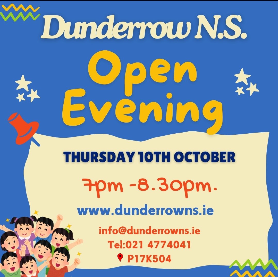 Dunderrow National School (@dunderrowns) on Twitter photo Looking forward to welcoming you to our open evening tomorrow🤗
📅 Thursday 10th October
⏰️7pm-8.30pm
📍Dunderrow N.S.
P17K504
<a href="/KinsaleOnline/">Kinsale Online</a> <a href="/KinsaleObserver/">JJ Hurley</a> <a href="/SouthernStarIRL/">The Southern Star</a> <a href="/SouthoftheN71/">West Cork</a> <a href="/FSCUcork/">First South Credit Union</a> <a href="/Kinsaletimes/">Kinsale Times</a> <a href="/KinsaleNews/">Kinsale Advertiser</a> Looking forward to welcoming you to our open evening tomorrow🤗
📅 Thursday 10th October
⏰️7pm-8.30pm
📍Dunderrow N.S.
P17K504
<a href="/KinsaleOnline/">Kinsale Online</a> <a href="/KinsaleObserver/">JJ Hurley</a> <a href="/SouthernStarIRL/">The Southern Star</a> <a href="/SouthoftheN71/">West Cork</a> <a href="/FSCUcork/">First South Credit Union</a> <a href="/Kinsaletimes/">Kinsale Times</a> <a href="/KinsaleNews/">Kinsale Advertiser</a>