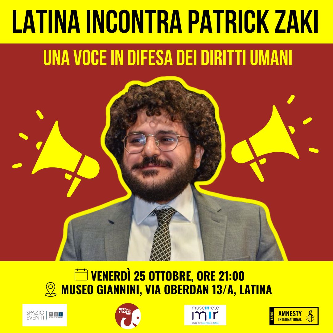 💛 Siamo felici di invitarvi all'incontro con il ricercatore e attivista Patrick Zaki!

🕯️ Patrick parlerà della sua storia, permettendoci di capire meglio come Amnesty International si attiva per supportare le persone che rischiano la propria vita per difendere i diritti umani