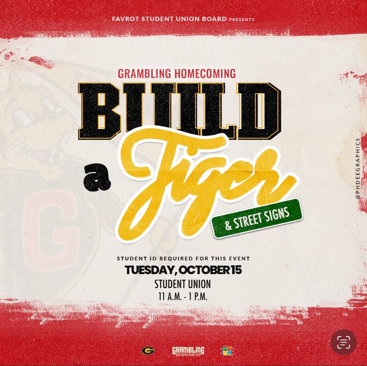 “Join us for the ‘Build a Tiger’ event! 🐯🎉 Happening during Grambling Homecoming, Tuesday, October 15th, from 11 AM to 1 PM. Check out the fun, street signs, and more as we celebrate Tiger pride! Don’t miss out! #GramblingHomecoming #TigerPride”