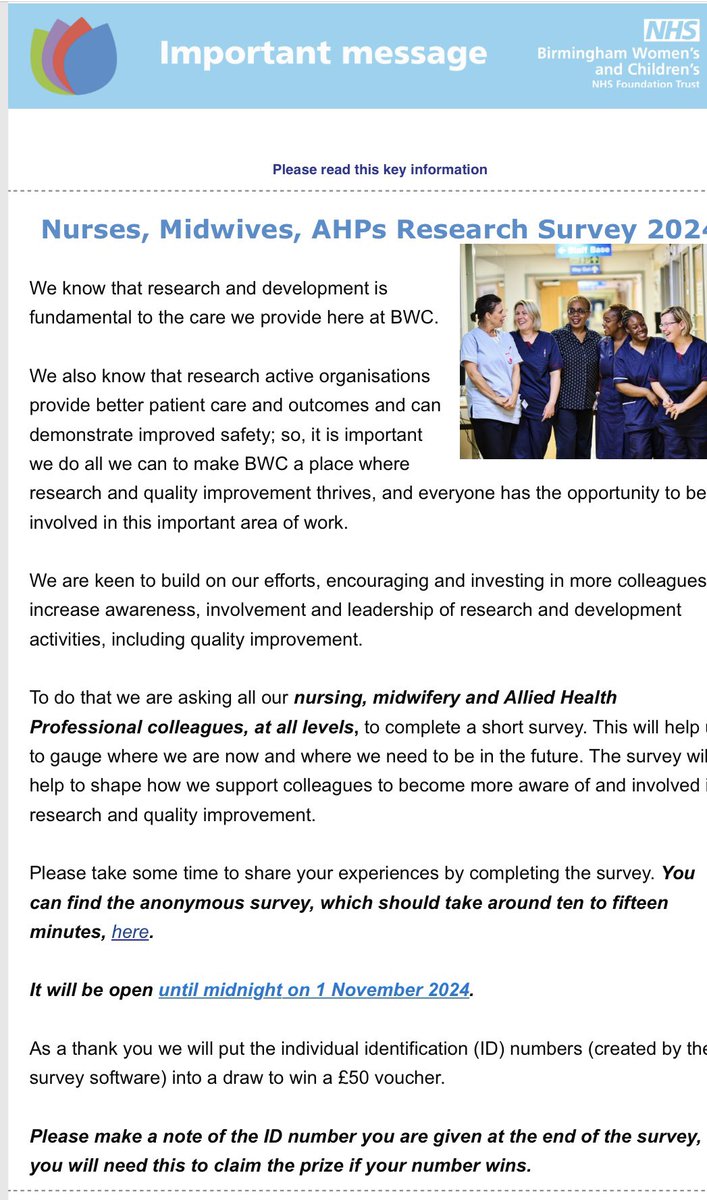 Calling ALL nursing, midwifery &amp; AHP colleagues, at ALL levels to support work to further build on our research &amp; development &amp; improvement culture <a href="/BWC_NHS/">BWC NHS Trust</a> <a href="/BWH_NHS/">Bham Women's Hosp 💙</a> 
Please complete the questionnaire emailed to you! Your input will help us develop our vision &amp; future work 🙏🏽