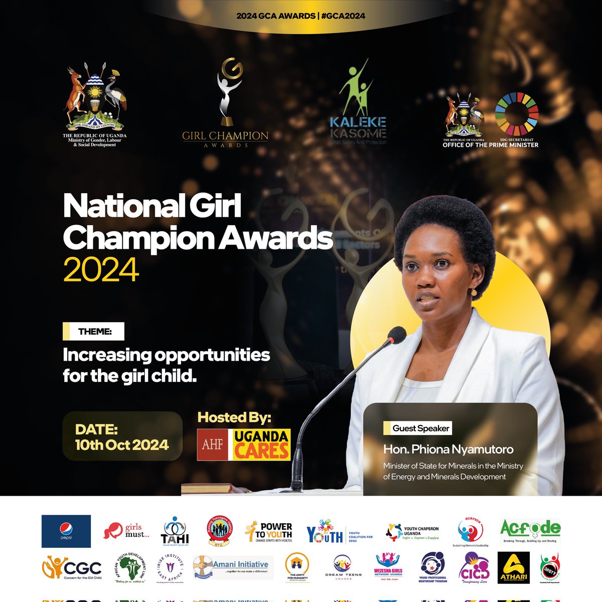 GirlChampAwards's tweet photo. As a mentor and role model to Adolescent Girls &amp; Young Women in 🇺🇬 , Hon. Phiona Nyamutoro is the Guest Speaker at the National Girl Champion Awards happening tomorrow 10th October 2024. 

We are shining a spotlight on #GirlChampions, Community change makers. #GCA2024 #IDGC2024 https://t.co/Bd8UaJ2MNo