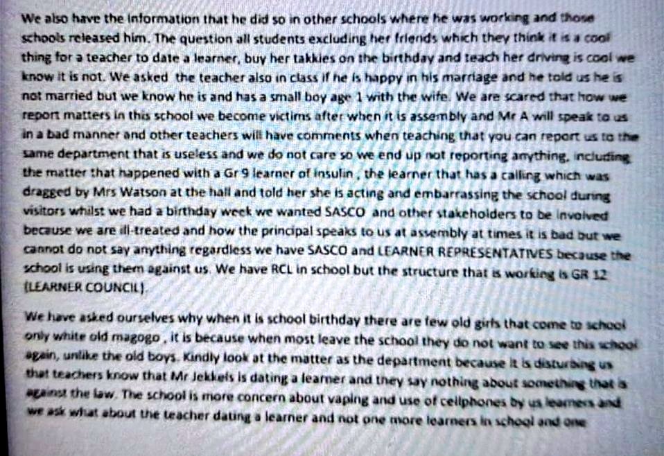 Musa_Khawula's tweet photo. The learners at Queenstown Girls High School; Eastern Cape are desperately seeking assistance with reporting Mr Chesline Jekkels who has multiple sexual relations with the learners at the school. 

The learners first reported Mr Chesline Jekkels at the beginning of the year to the Vice Principal of the school and up until now nothing has been done by the school regarding this matter.

Some of the learners who came forward about being sexually violated by Mr Chesline Jekkels are currently being mistreated by the school principal as well as other teachers. Leading other learners to believe that the principal and teachers are supporting Mr Chesline Jekels actions.

The learners are saying they don't feel safe anymore at the school as Mr Chesline Jekkels continues to flirt with them.

The learners are also saying they wanted the school to investigate the matter but it was simply brushed off. 

Mr Chesline Jekkels who teaches Life Orientation and is also a coach of the 1st team Hockey and a member of the School Governing Body was fired from other schools for having sexual relationships with learners. Queenstown Girls High School looked past that and still hired Mr Chesline Jekkels to teach at an an all girls school.