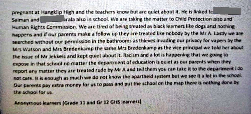 The learners at Queenstown Girls High School; Eastern Cape are desperately seeking assistance with reporting Mr Chesline Jekkels who has multiple sexual relations with the learners at the school. 

The learners first reported Mr Chesline Jekkels at the beginning of the year to