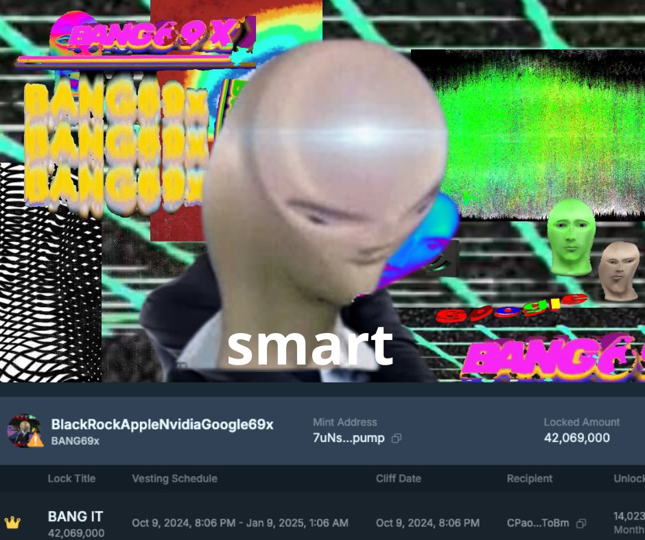 dev supply is locked. (4.2069%)
jupiter's wallet says.. 'GG'.

(GGhPR2hMREM7KGhoDHUPngdPQUM3QS9hdUEjf9Nqa8Uy)

#BANG69x #69ing