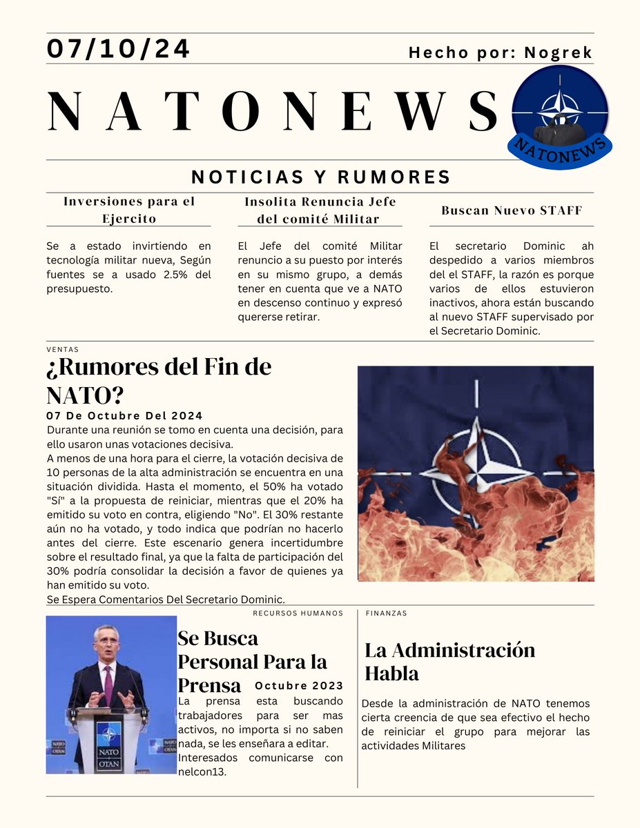 RblxOTAN's tweet photo. Durante la publicación de un Periódico en NATO, se dio a conocer una noticia impactante, la cual se la mostraremos en las imagenes Adjuntadas.

El Periódico fue publicado por el Consejo de Producción y el Secretario afirma que dará un comunicado oficial en pocos minutos. #FinNATO https://t.co/Gs9jhk2182