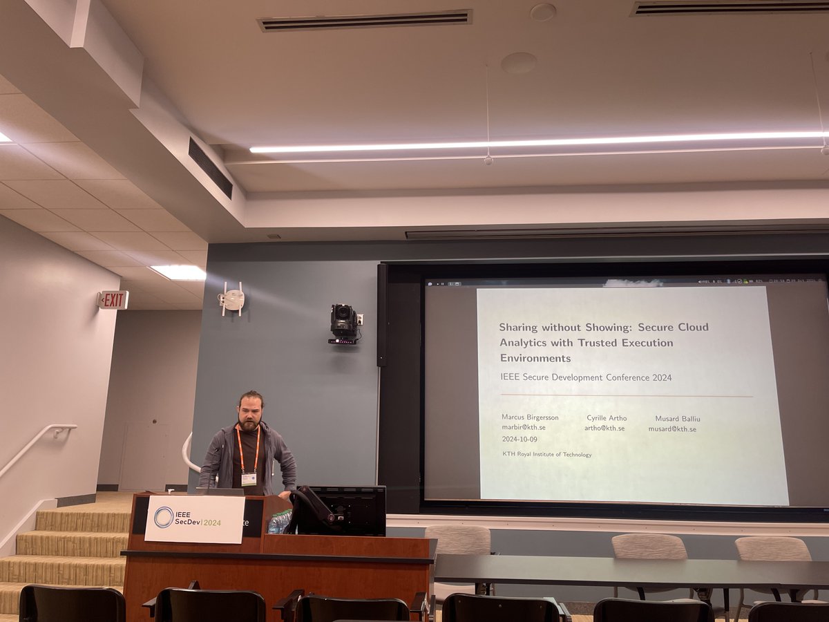 IEEE Secure Development (@ieeesecdev) on Twitter photo Marcus Birgersson from <a href="/KTHuniversity/">KTH Royal Institute of Technology</a> is presenting their work on enabling secure cloud analytics with trusted execution environments at #IEEESecDev 2024! Marcus Birgersson from <a href="/KTHuniversity/">KTH Royal Institute of Technology</a> is presenting their work on enabling secure cloud analytics with trusted execution environments at #IEEESecDev 2024!