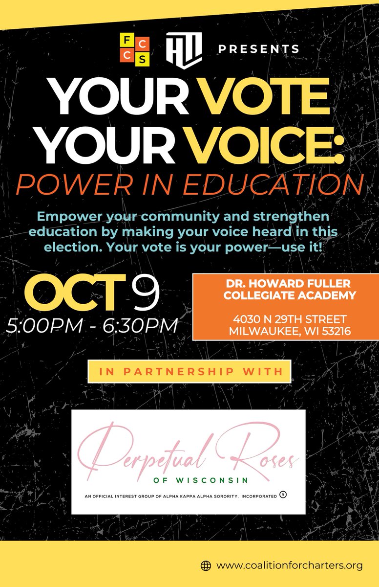 Freedom Coalition for Charter Schools (@freedmcoalition) on Twitter photo 🚨 EVENT ALERT: Join FCCS and <a href="/HowardFullerCA/">HowardFullerCA</a> for Your Vote. Your Voice.
If you live in the Milwaukee area, stop by for this powerful event! Together we can empower our communities and strengthen education by making our voices heard this election season.
🗓️ When: Wednesday, 🚨 EVENT ALERT: Join FCCS and <a href="/HowardFullerCA/">HowardFullerCA</a> for Your Vote. Your Voice.
If you live in the Milwaukee area, stop by for this powerful event! Together we can empower our communities and strengthen education by making our voices heard this election season.
🗓️ When: Wednesday,