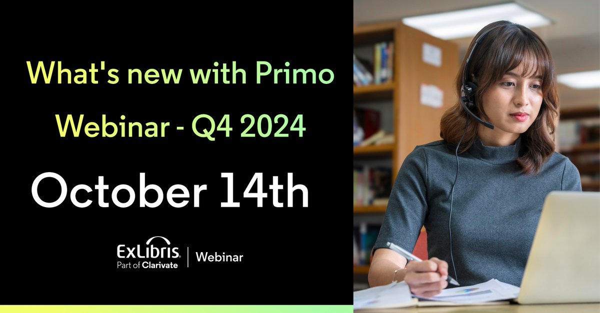ExLibrisGroup's tweet photo. Join our #Primo webinar on October 14 for the latest updates! Hear from the Product Management team on recent releases and what's coming next. Ask questions &amp; share your ideas!

Register:https://t.co/2eV4qh1VVS

 #PrimoWebinar #LibraryTech #ProductManagement https://t.co/ZZUS9xsFCL