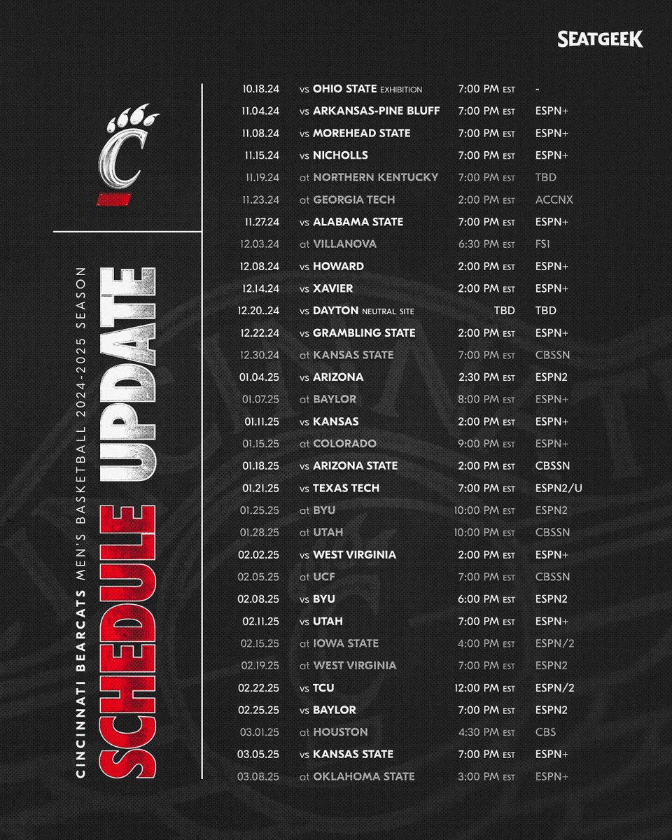 GoBearcatsMBB's tweet photo. SCHEDULE UPDATE: Tip-off times and TV networks for the 2024-25 season.

📅: https://t.co/yM87CeiCsy https://t.co/hAggUwmMhV