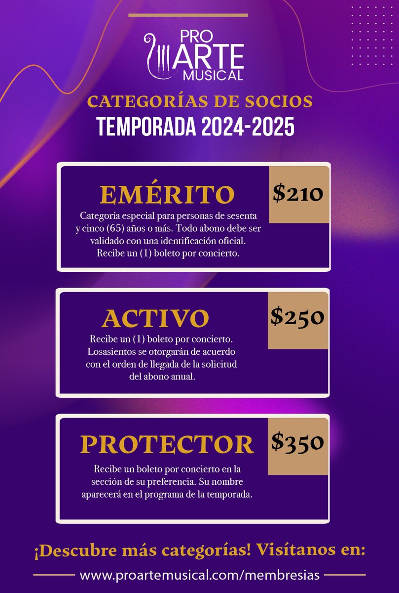 ¡Asegura tu Asiento Hoy!
Con tu membresía a Pro Arte Musical aseguras los mejores asientos para los conciertos de la Temporada 2024-2025, a la vez que apoyas la labor cultural y educativa de la sociedad musical más antigua del país.