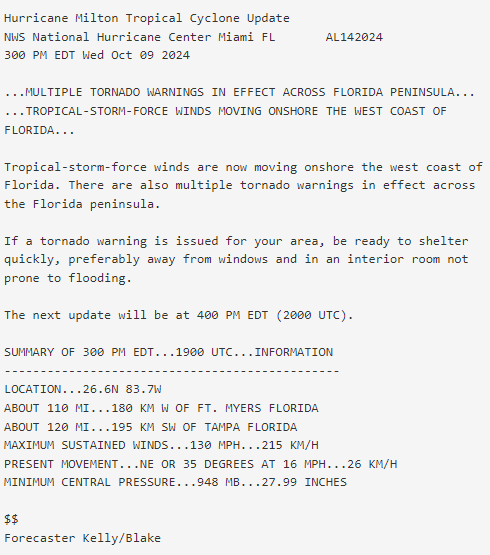 FLSheriffs's tweet photo. 3pm update on location of Hurricane #Milton. Approximately 110 miles from Ft. Myers.

There have been 60+ tornadoes already. The outer bands bring issues as well. The entire state needs to be in a safe location. https://t.co/l3gStx4OnJ